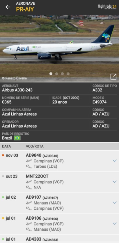 FlightRadar24 Histórcio Voos A330 Azul PR-AIY
