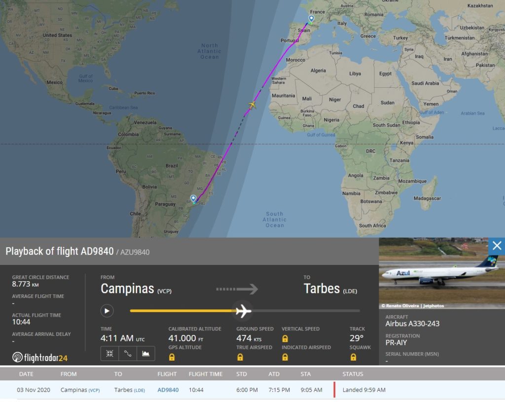FlightRadar24 Voo A330 Azul Tarbes França