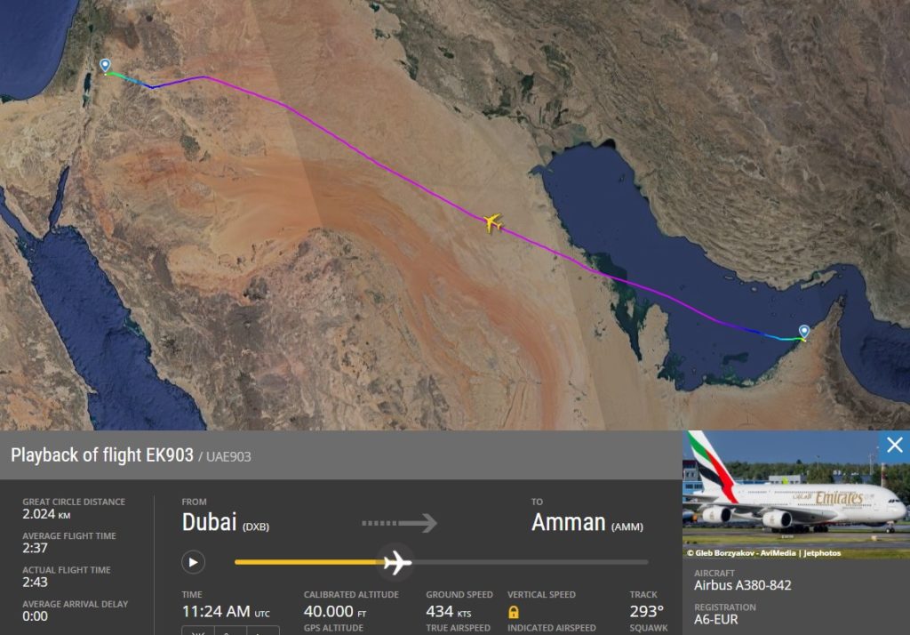 FlightRadar24 Voo A380 Emirates Volta Amã Jordânia