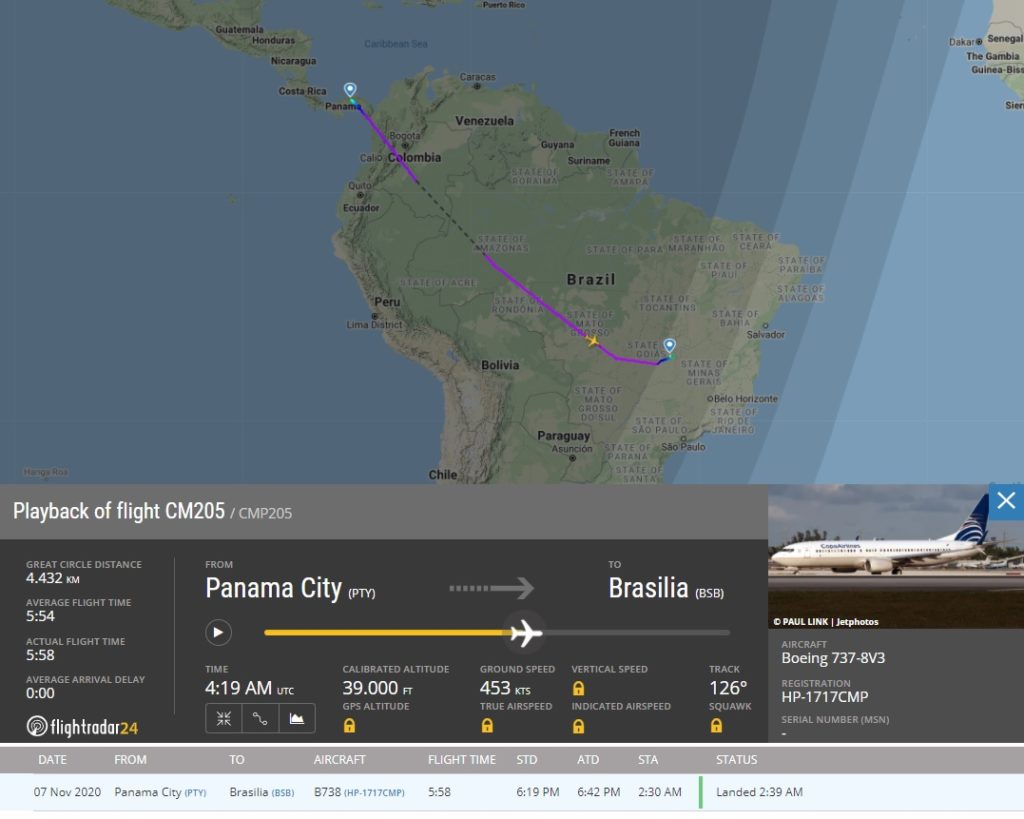 FlightRadar24 Copa Airlines Retorno Brasília