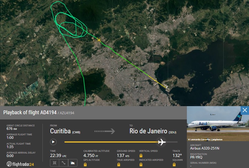 FlightRadar24 Voo A320neo Azul incidente granizo Galeão