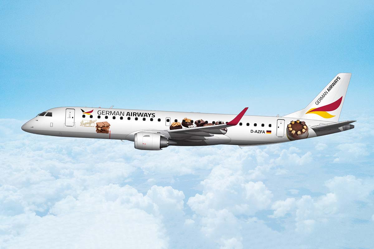 Das Flugzeug Embraer E190 wird für eine deutsche Airline zur „Bonbonschachtel“.