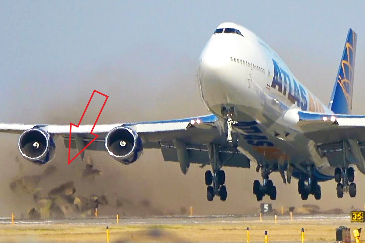 Las fotos muestran un Boeing 747 destruyendo el costado de la pista durante el despegue