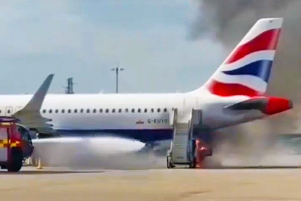 Una escalera se incendió y dejó un Airbus A320 cubierto de humo negro en el aeropuerto de Londres