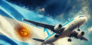ANAC flexibiliza concessão de licenças e certificados para companhias aéreas na Argentina Avião voando ao lado da bandeira da Argentina