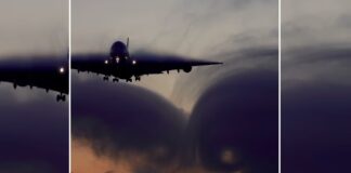 Linda passagem de um enorme Airbus A380 pela neblina permite notar o fluxo de ar ao redor do avião